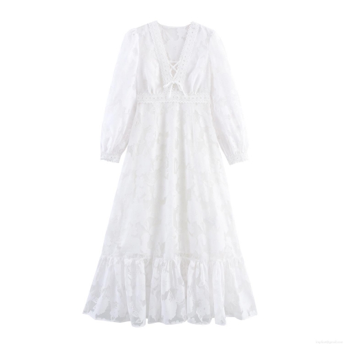 Women French Sweet V-Neck Lace Splicing Maxi Dress Elegant High Waist Lantern Sleeve Mesh Tiered Cake Long Dress White Polyester Formal Party Evening Gown