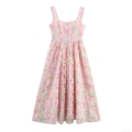 Women's 3D Flower Mesh Maxi Dress Elegant Sweet Spaghetti Strap High Waist Long Evening Gown For Wedding Party Banquet Pink Summer Clothing