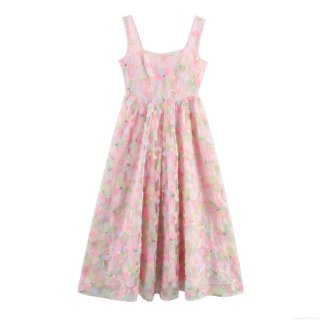 Women's 3D Flower Mesh Maxi Dress Elegant Sweet Spaghetti Strap High Waist Long Evening Gown For Wedding Party Banquet Pink Summer Clothing