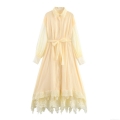 Women Sweet Retro Chiffon Maxi Dress Lace Lapel Collar Long Lantern Sleeve Waist Tie Elegant Solid Yellow Ruffle Hem Long Dress For Women