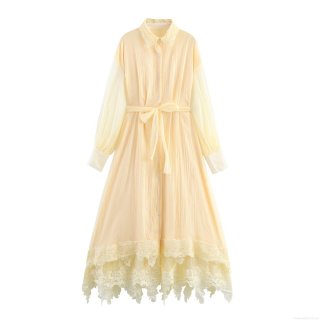 Women Sweet Retro Chiffon Maxi Dress Lace Lapel Collar Long Lantern Sleeve Waist Tie Elegant Solid Yellow Ruffle Hem Long Dress For Women