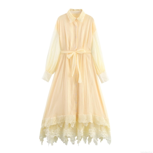 Women Sweet Retro Chiffon Maxi Dress Lace Lapel Collar Long Lantern Sleeve Waist Tie Elegant Solid Yellow Ruffle Hem Long Dress For Women