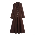 Women's Workwear Style Maxi Dress Long Sleeve Lapel Solid Color Polyester Belted Dress With Pockets Elegant Casual Button Down Long Gown