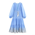 Women's V Neck Lantern Sleeve Tiered Maxi Dress Elegant Boho Vacation Dress with Tassel Rope Wood Bead Belt and White Hollow Out Embroidery Hem