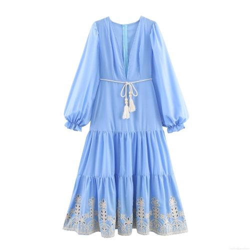 Women's V Neck Lantern Sleeve Tiered Maxi Dress Elegant Boho Vacation Dress with Tassel Rope Wood Bead Belt and White Hollow Out Embroidery Hem