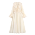Elegant French Vintage Women's V-Neck Ruffle Maxi Dress Creamy White Chiffon Lace Flare Sleeve Long Sleeve Pullover Pure Desire Style Party Evening Long Dress