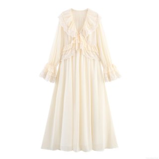 Elegant French Vintage Women's V-Neck Ruffle Maxi Dress Creamy White Chiffon Lace Flare Sleeve Long Sleeve Pullover Pure Desire Style Party Evening Long Dress