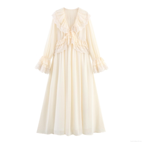 Elegant French Vintage Women's V-Neck Ruffle Maxi Dress Creamy White Chiffon Lace Flare Sleeve Long Sleeve Pullover Pure Desire Style Party Evening Long Dress