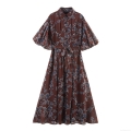 Women Vintage Floral Maxi Dress Polyester Chiffon Puff Sleeve Lapel Collar Adjustable Waist Belt Vacation Style Elegant Long Dress