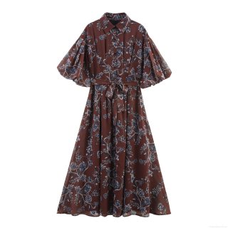 Women Vintage Floral Maxi Dress Polyester Chiffon Puff Sleeve Lapel Collar Adjustable Waist Belt Vacation Style Elegant Long Dress