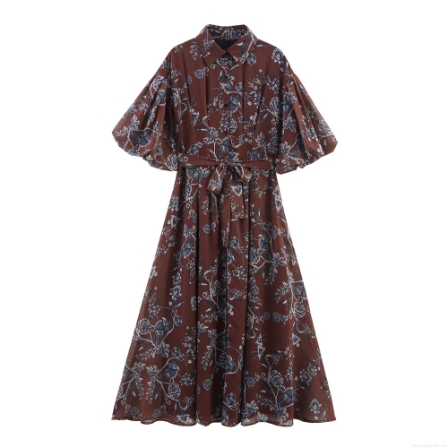 Women Vintage Floral Maxi Dress Polyester Chiffon Puff Sleeve Lapel Collar Adjustable Waist Belt Vacation Style Elegant Long Dress