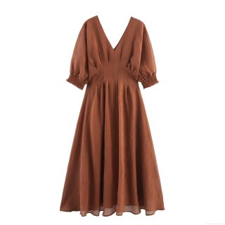 Women Elegant V-Neck High Waist Smocked Maxi Dress Long Puff Sleeve Pleated Texture Solid Color Commuter Party Long Robe