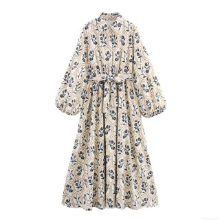 Vintage French Embroidered Shirt Dress Polyester Cotton Linen Blend Lantern Sleeve Waist Tie Maxi Long Dress Elegant Floral Geometric Print Women Casual Vacation Dress