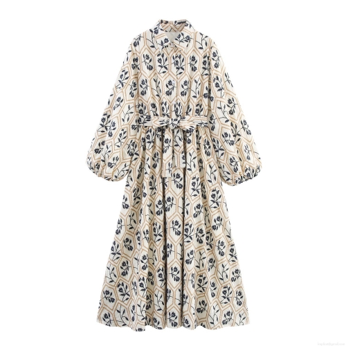 Vintage French Embroidered Shirt Dress Polyester Cotton Linen Blend Lantern Sleeve Waist Tie Maxi Long Dress Elegant Floral Geometric Print Women Casual Vacation Dress
