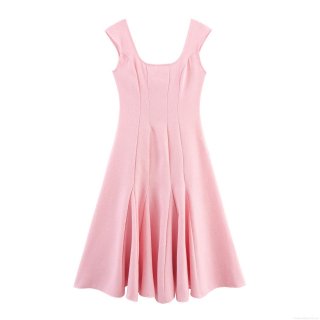 French Sweet Pink Tweed Back Lace-Up Maxi Dress Square Neck Sleeveless High Waist A-Line Long Dress For Women Summer Vacation Party Dating