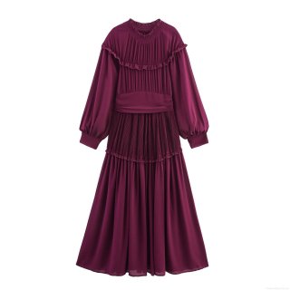 Women's Elegant Pleated Maxi Dress Polyester Chiffon Ruffle Trim Stand Collar Long Sleeve Smocked High Waist Long Dress For Party Dating Daily Retro Style