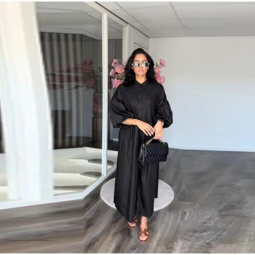 Women's Solid Color Polyester Pleated Maxi Dress Single Breasted Stand Collar Lantern Sleeve Loose Vacation Casual Long Gown For Lady