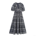Women's Elegant V Neck Short Puff Sleeve Embroidered Maxi Dress Eyelet Hollow Out High Waist Navy Blue White Floral Polyester Dress for Vacation Beach Holiday Party Boho Ethnic Style