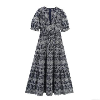 Women's Elegant V Neck Short Puff Sleeve Embroidered Maxi Dress Eyelet Hollow Out High Waist Navy Blue White Floral Polyester Dress for Vacation Beach Holiday Party Boho Ethnic Style