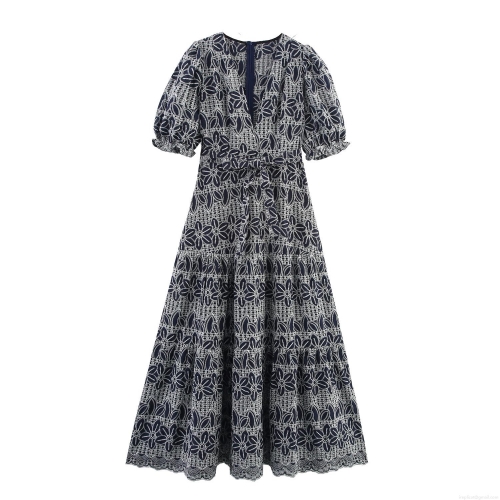 Women's Elegant V Neck Short Puff Sleeve Embroidered Maxi Dress Eyelet Hollow Out High Waist Navy Blue White Floral Polyester Dress for Vacation Beach Holiday Party Boho Ethnic Style