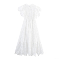 Women Elegant Hollow Out Water Soluble Lace Maxi Dress Round Neck Flutter Sleeve High Waist Slim White Evening Party Wedding Guest Long Dress