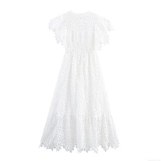 Women Elegant Hollow Out Water Soluble Lace Maxi Dress Round Neck Flutter Sleeve High Waist Slim White Evening Party Wedding Guest Long Dress