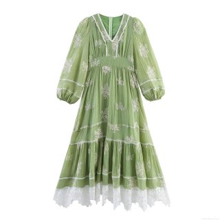 French Vintage Maxi Dress Polyester Lace V Neck Long Lantern Sleeve Floral Embroidery High Waist Pleated Elegant Bohemian Long Skirt For Women