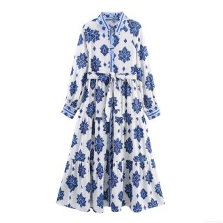 Women's Long Sleeve Shirt Maxi Dress Blue White Porcelain Floral Print Tiered Long Dress With Waist Tie Vacation Beach Bohemian Style Elegant Gown For Lady