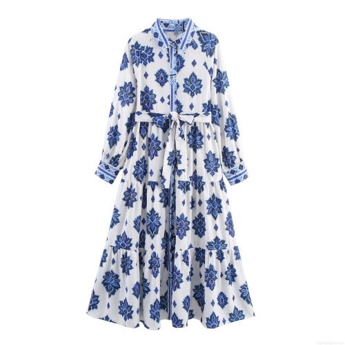 Women's Long Sleeve Shirt Maxi Dress Blue White Porcelain Floral Print Tiered Long Dress With Waist Tie Vacation Beach Bohemian Style Elegant Gown For Lady