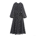 Women's Vintage Polka Dot Chiffon Maxi Dress Round Neck Lantern Sleeve Pleated Long Dress High Waist A-Line Elegant Party Evening Vacation Dress