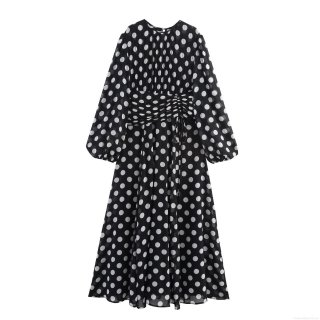 Women's Vintage Polka Dot Chiffon Maxi Dress Round Neck Lantern Sleeve Pleated Long Dress High Waist A-Line Elegant Party Evening Vacation Dress