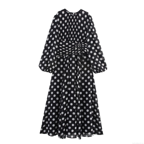Women's Vintage Polka Dot Chiffon Maxi Dress Round Neck Lantern Sleeve Pleated Long Dress High Waist A-Line Elegant Party Evening Vacation Dress
