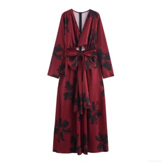 Elegant French V-Neck Maxi Dress For Women Wine Red Floral Print Long Sleeve Hollow Out Waist Tie Knot A-Line Party Dress Sexy Deep V Evening Gown High Waist Autumn Dress