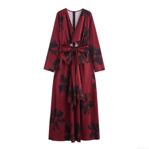 Elegant French V-Neck Maxi Dress For Women Wine Red Floral Print Long Sleeve Hollow Out Waist Tie Knot A-Line Party Dress Sexy Deep V Evening Gown High Waist Autumn Dress