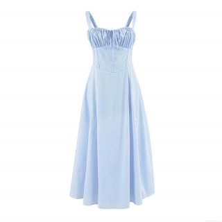 French Vintage Square Neck Sleeveless Maxi Dress Ruched Tie-up Backless Side Slit Polyester Cotton Blend Long Sun Dresses For Women Summer Party Wear