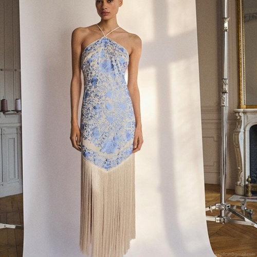 Elegant Women's Halter Neck Backless Maxi Dress Retro Floral Print Fringe Splicing Sleeveless Bodycon Long Dress For Party Clubwear Vacation Summer Polyester Outfit