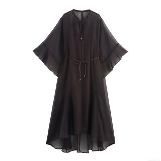 Bohemian Chiffon Maxi Dress For Women Elegant Round Neck Lace-up Long Sleeve Loose Vacation Beach Party Long Dress With Belt Solid Color