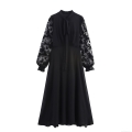 Women Elegant French Black Long Sleeve Lace Patchwork Maxi Dress Bow Tie Neck High Waist A-Line Chiffon Mesh Dress For Wedding Party Banquet Evening