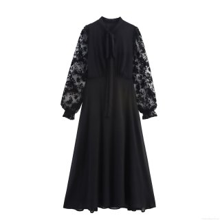 Women Elegant French Black Long Sleeve Lace Patchwork Maxi Dress Bow Tie Neck High Waist A-Line Chiffon Mesh Dress For Wedding Party Banquet Evening