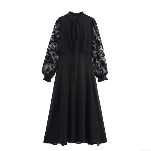Women Elegant French Black Long Sleeve Lace Patchwork Maxi Dress Bow Tie Neck High Waist A-Line Chiffon Mesh Dress For Wedding Party Banquet Evening