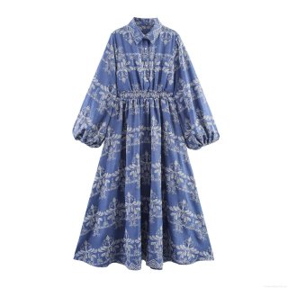 French Vintage Floral Embroidered Maxi Dress Women Lantern Long Sleeve Button Front Lapel Shirt Dress High Waist Bohemian Vacation Long Dresses