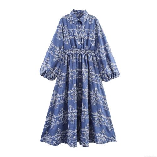 French Vintage Floral Embroidered Maxi Dress Women Lantern Long Sleeve Button Front Lapel Shirt Dress High Waist Bohemian Vacation Long Dresses
