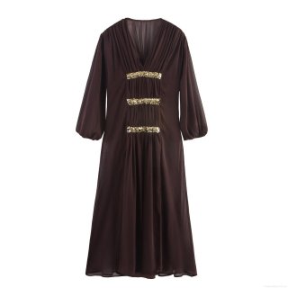 Elegant V-Neck Sequin Pleated Maxi Dress Bohemian Style Lantern Sleeve Chiffon Polyester Long Dress For Women Party Dating Summer Fall