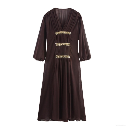 Elegant V-Neck Sequin Pleated Maxi Dress Bohemian Style Lantern Sleeve Chiffon Polyester Long Dress For Women Party Dating Summer Fall