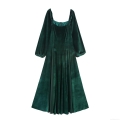 Women's Elegant Velvet Square Neck Maxi Dress Vintage Lantern Long Sleeve Slim Fit High Waist Evening Party Dress A-Line Long Gown