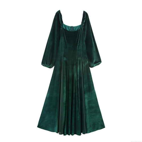 Women's Elegant Velvet Square Neck Maxi Dress Vintage Lantern Long Sleeve Slim Fit High Waist Evening Party Dress A-Line Long Gown