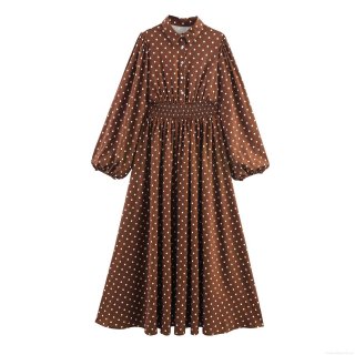 Women Retro Polka Dot Maxi Dress Elegant Chiffon Shirt Collar Long Lantern Sleeve Smocking High Waist A-Line Long Gown For Daily Party