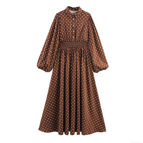 Women Retro Polka Dot Maxi Dress Elegant Chiffon Shirt Collar Long Lantern Sleeve Smocking High Waist A-Line Long Gown For Daily Party