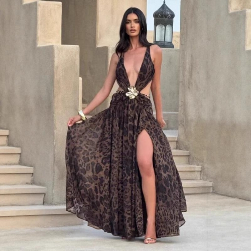 Sexy Deep V Neck Halter Maxi Dress Women Leopard Print Backless Hollow Out High Split Evening Party Vacation Beach Long Dress With Flower Metal Buckle 100% Polyester