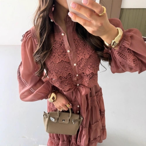 French Vintage Hollow Lace Maxi Dress Elegant Stand Collar Long Sleeve Tiered Splicing Chiffon Dress With Pearl Buttons And Tie Waist For Women Evening Party Banquet